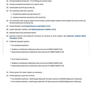 May include: A page from a manual with numbered instructions and bullet points. The text includes steps for installing parts, connecting lines, and calibrating systems. The document also references other manuals and procedures.