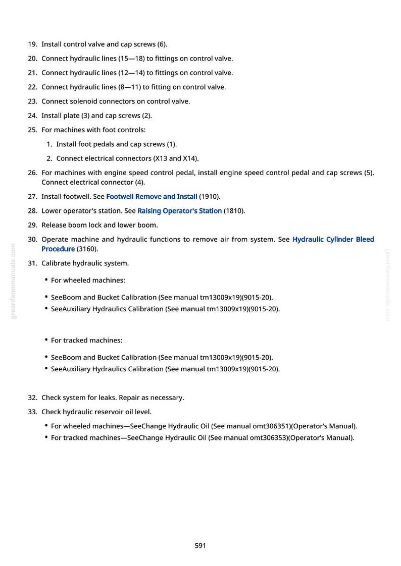 May include: A page from a manual with numbered instructions and bullet points. The text includes steps for installing parts, connecting lines, and calibrating systems. The document also references other manuals and procedures.