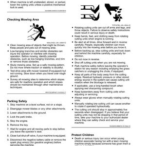 May include: Safety instructions for lawn mowers, including warnings about rotating blades and how to safely check the mowing area. Includes steps for parking safely and protecting children.