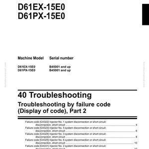 May include: A shop manual page for a bulldozer, featuring the text "BULLDOZER" and model numbers D61EX-15E0 and D61PX-15E0. The page includes troubleshooting information by failure code, listing various injector and sensor issues.