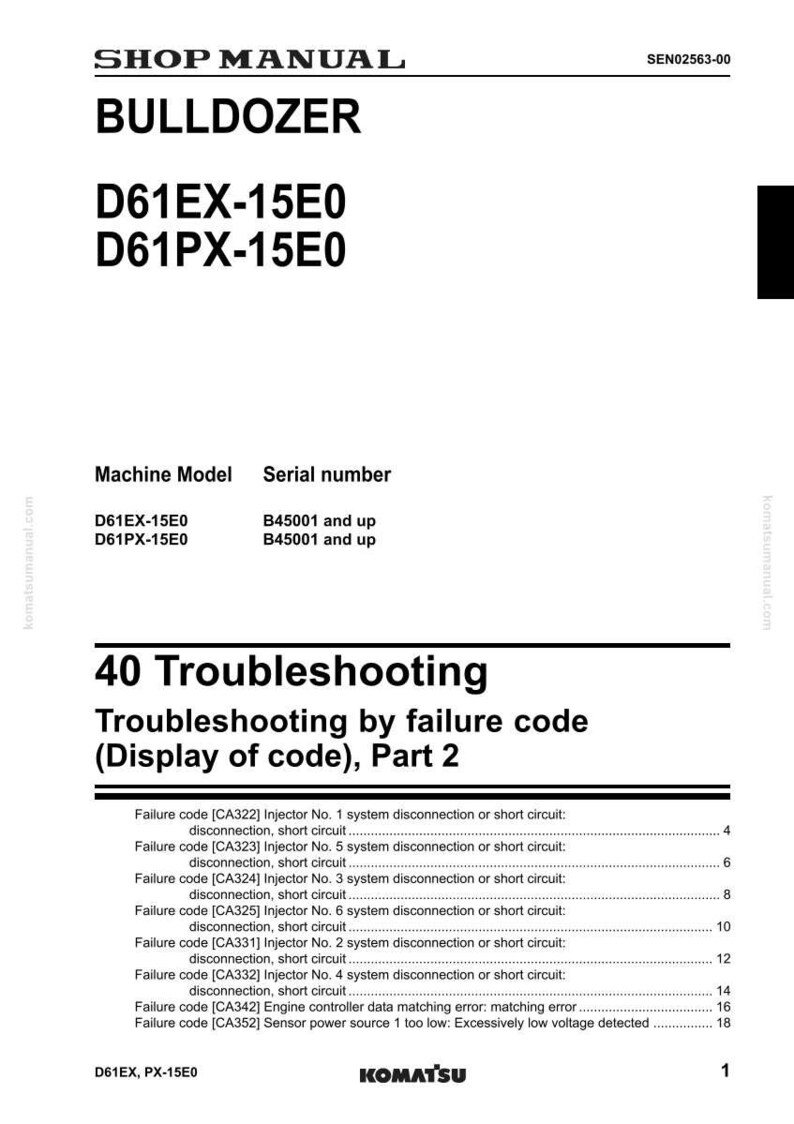 May include: A shop manual page for a bulldozer, featuring the text "BULLDOZER" and model numbers D61EX-15E0 and D61PX-15E0. The page includes troubleshooting information by failure code, listing various injector and sensor issues.