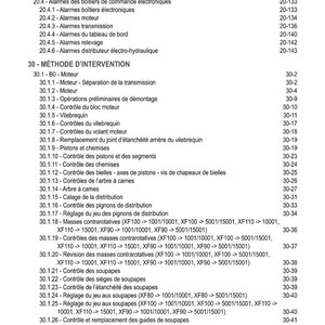 May include: A detailed table of contents in French, listing various engine-related topics. The document includes sections on alarms, engine components, and intervention methods. The text is in black font on a white background.