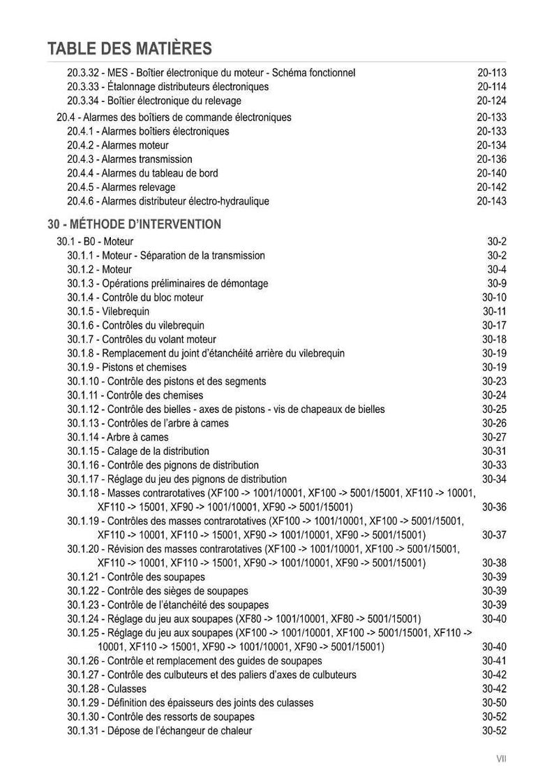 May include: A detailed table of contents in French, listing various engine-related topics. The document includes sections on alarms, engine components, and intervention methods. The text is in black font on a white background.
