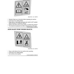May include: A white page with safety instructions and the title "Safety Labels". The page includes warning symbols and text such as "Read Operators Manual" and "Avoid Injury From Thrown Objects."