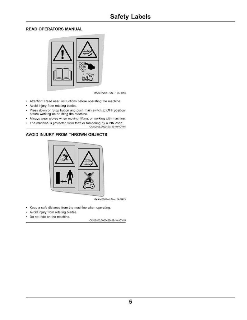 May include: A white page with safety instructions and the title "Safety Labels". The page includes warning symbols and text such as "Read Operators Manual" and "Avoid Injury From Thrown Objects."