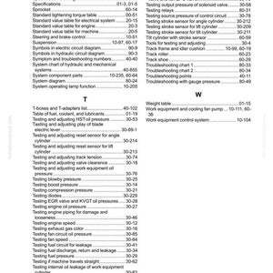 Pode incluir: P&aacute;gina de um manual t&eacute;cnico com um &iacute;ndice de termos relacionados a m&aacute;quinas, incluindo se&ccedil;&otilde;es de "Teste" e "Solu&ccedil;&atilde;o de problemas". O texto preto est&aacute; em um fundo branco. Cont&eacute;m uma lista de termos t&eacute;cnicos.