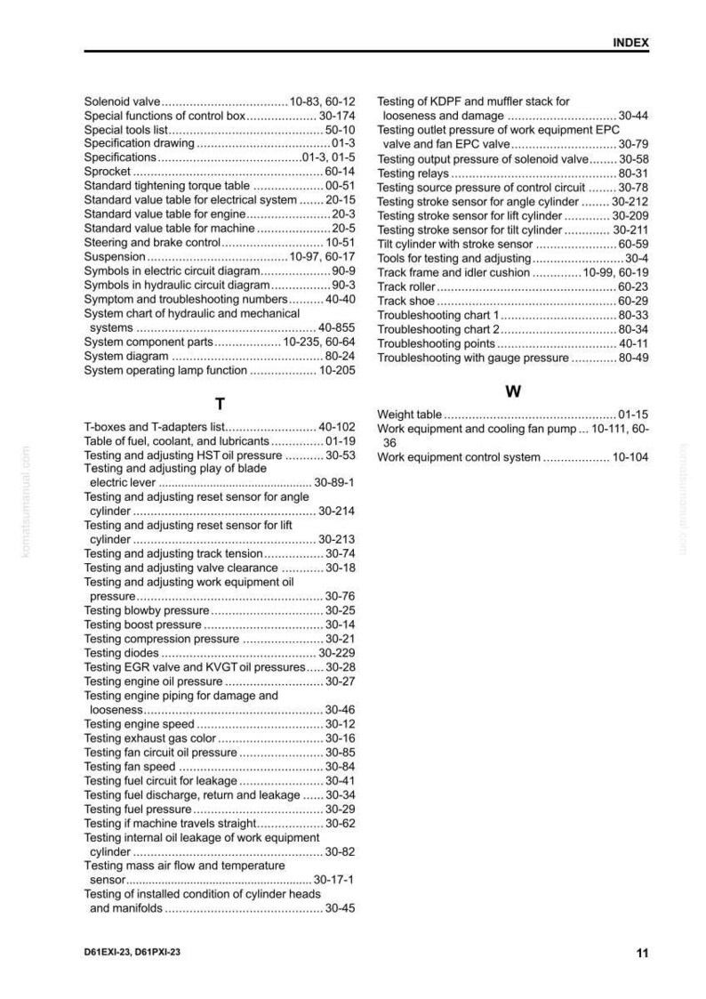 Pode incluir: P&aacute;gina de um manual t&eacute;cnico com um &iacute;ndice de termos relacionados a m&aacute;quinas, incluindo se&ccedil;&otilde;es de "Teste" e "Solu&ccedil;&atilde;o de problemas". O texto preto est&aacute; em um fundo branco. Cont&eacute;m uma lista de termos t&eacute;cnicos.