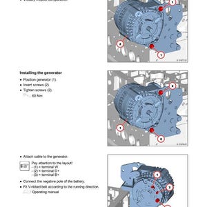 Op de afbeelding: Illustratie van een generatorinstallatieproces, met genummerde stappen en close-upweergaven van de componenten. De afbeelding bevat tekstinstructies en labels voor elke stap, met de nadruk op de montage van de generator.