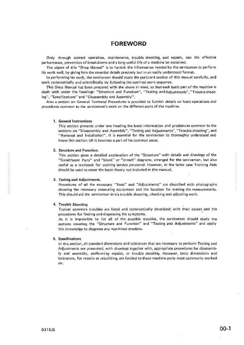 Puede incluir: P&aacute;gina de manual impresa con el t&iacute;tulo "FOREWORD". El texto describe el prop&oacute;sito del manual, cubriendo temas como estructura, funci&oacute;n, pruebas, ajustes y soluci&oacute;n de problemas para la reparaci&oacute;n y el mantenimiento de maquinaria.