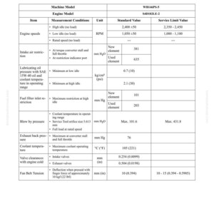 Puede incluir: Una tabla de valores est&aacute;ndar para un motor, que detalla mediciones y l&iacute;mites de servicio. Incluye velocidades del motor, restricci&oacute;n de entrada de aire, presi&oacute;n de aceite lubricante, restricci&oacute;n del filtro de combustible, presi&oacute;n de soplado, contrapresi&oacute;n de escape, temperatura del refrigerante, holguras de v&aacute;lvulas y tensi&oacute;n de la correa del ventilador.