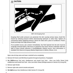 May include: Diagram from a manual showing a caution symbol and a graphic of a hand with arrows, indicating escaping fluid. Text warns of potential injury from high-pressure fluids and provides safety instructions.