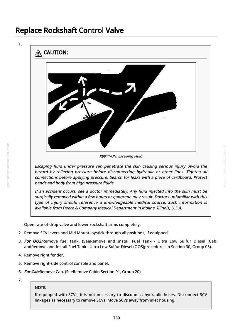 May include: Diagram from a manual showing a caution symbol and a graphic of a hand with arrows, indicating escaping fluid. Text warns of potential injury from high-pressure fluids and provides safety instructions.