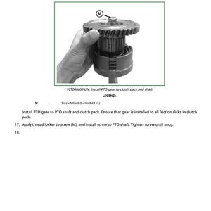 May include: Diagram of a PTO gear assembly with a hand holding the gear. The image includes text instructions for installation, including aligning gear splines and installing a screw. The text also includes the part number TCT008605-UN.