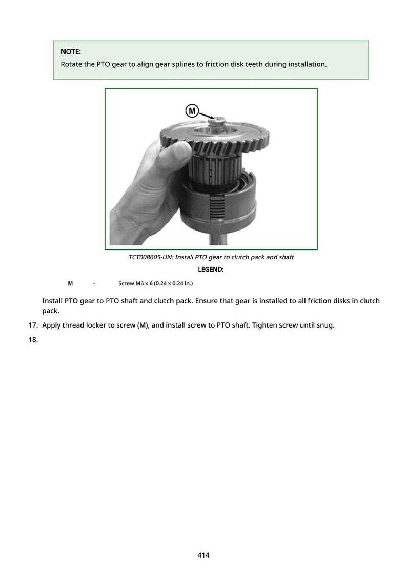 May include: Diagram of a PTO gear assembly with a hand holding the gear. The image includes text instructions for installation, including aligning gear splines and installing a screw. The text also includes the part number TCT008605-UN.