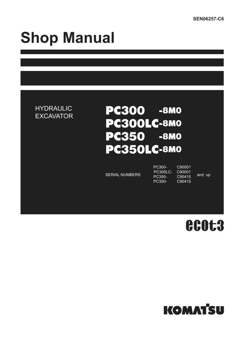 May include: A shop manual for hydraulic excavators, featuring the models PC300, PC300LC, PC350, and PC350LC. The cover is white with black text and a black background. The Komatsu logo is at the bottom.