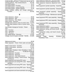 May include: An index page with a table of contents, listing various work equipment functions, system diagrams, and adjustment procedures. The page includes page numbers and section titles for easy navigation.