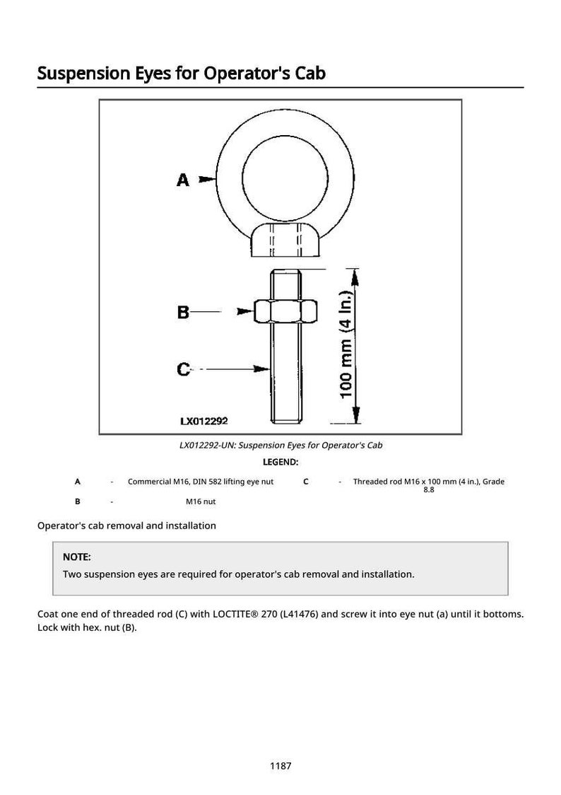 May include: Diagram of suspension eyes for an operator's cab, including a lifting eye nut, threaded rod, and M16 nut. The diagram includes measurements of 4 inches (100 mm). Text indicates the need for two suspension eyes.