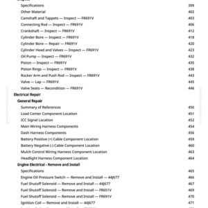 May include: A detailed list of engine repair procedures and specifications, including cylinder head, valves, and electrical components. The document includes page numbers and part numbers for easy reference.