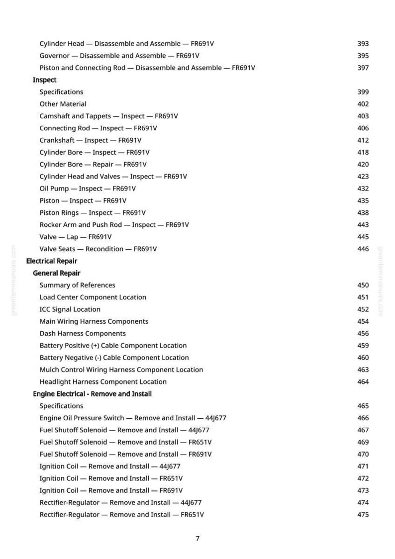 May include: A detailed list of engine repair procedures and specifications, including cylinder head, valves, and electrical components. The document includes page numbers and part numbers for easy reference.