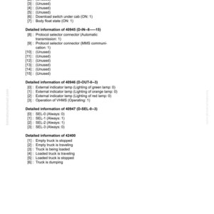 May include: A page from a manual titled "30 Testing and adjusting." It contains detailed information about various components, including ORBCOM connection, switch under cab, and indicator lamps. The document also lists truck statuses.