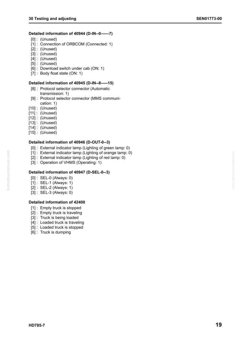 May include: A page from a manual titled "30 Testing and adjusting." It contains detailed information about various components, including ORBCOM connection, switch under cab, and indicator lamps. The document also lists truck statuses.