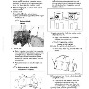 May include: Diagram of engine disassembly and assembly procedures. Includes illustrations of cylinder blocks, cylinder liners, and O-rings. Text instructions detail steps for cleaning, oiling, and installing components. Measurements are in kilograms.