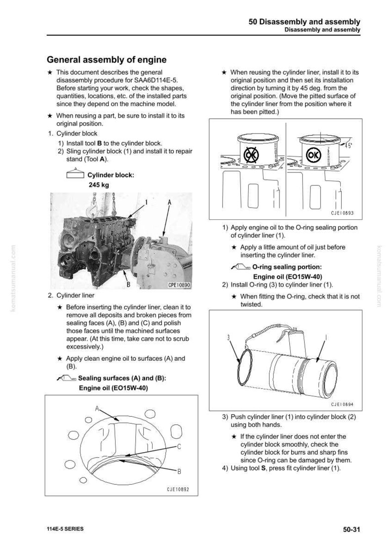 May include: Diagram of engine disassembly and assembly procedures. Includes illustrations of cylinder blocks, cylinder liners, and O-rings. Text instructions detail steps for cleaning, oiling, and installing components. Measurements are in kilograms.