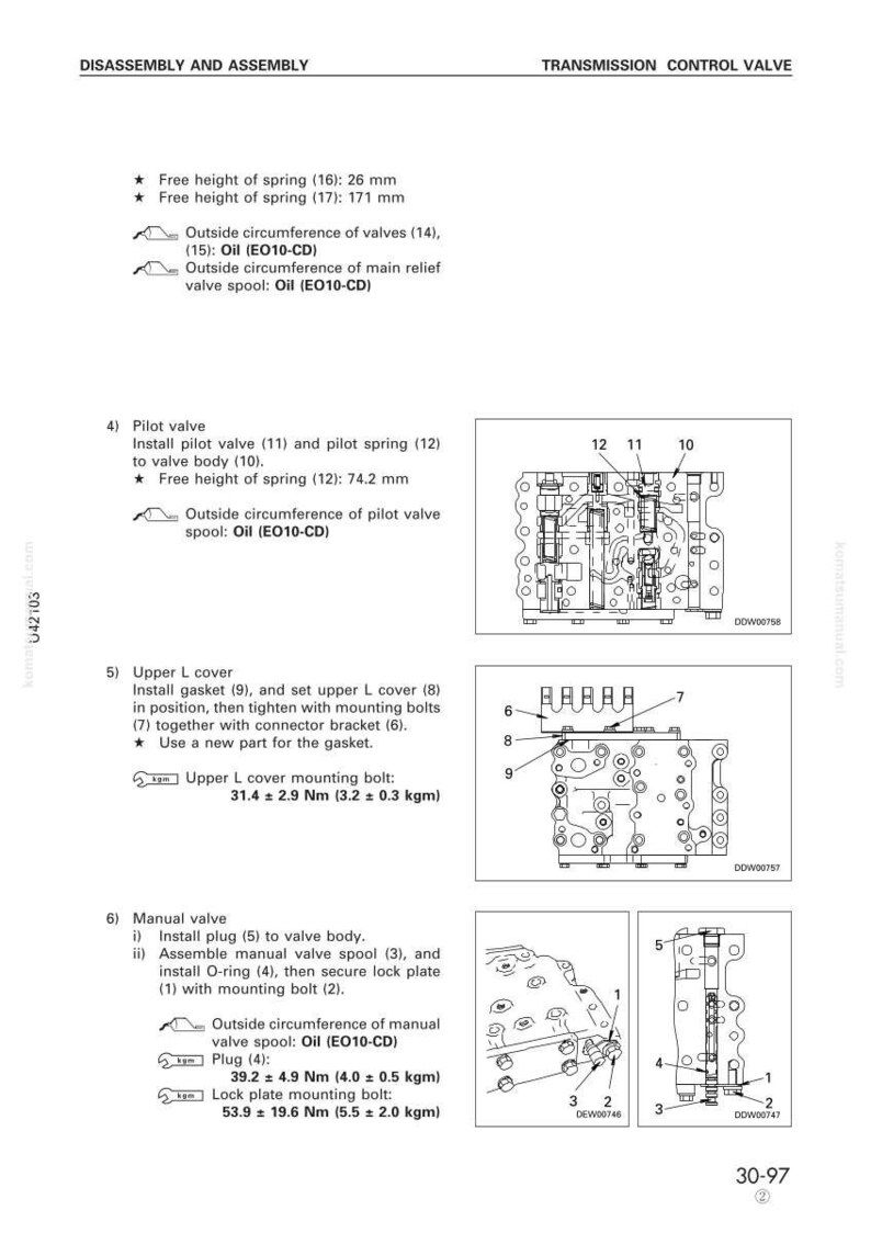 Puede incluir: Diagrama de montaje y desmontaje de una v&aacute;lvula de control de transmisi&oacute;n. Incluye medidas en mm y Nm, y diagramas de componentes de la v&aacute;lvula. El texto incluye "DESMONTAJE Y MONTAJE" y "V&Aacute;LVULA DE CONTROL DE TRANSMISI&Oacute;N".