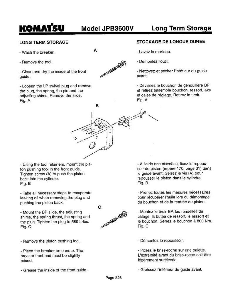 K&ouml;nnte beinhalten: Diagramm der Langzeitlagerungsanweisungen f&uuml;r das Komatsu Modell JPB3600V. Enth&auml;lt Text und Illustrationen, die Schritte wie das Waschen des Leistungsschalters, das Entfernen von Werkzeugen und das Reinigen der vorderen F&uuml;hrung detaillieren. Seite S28.