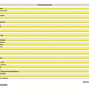 K&ouml;nnte beinhalten: Eine Manuellseite mit dem Titel "Inhaltsverzeichnis" (Inhaltsverzeichnis) mit gelbem und wei&szlig;em Design. Der Text listet verschiedene Teile und Systeme auf, darunter "Motorhaube" und "Fahrhydraulik". Das Weidemann-Logo befindet sich unten.