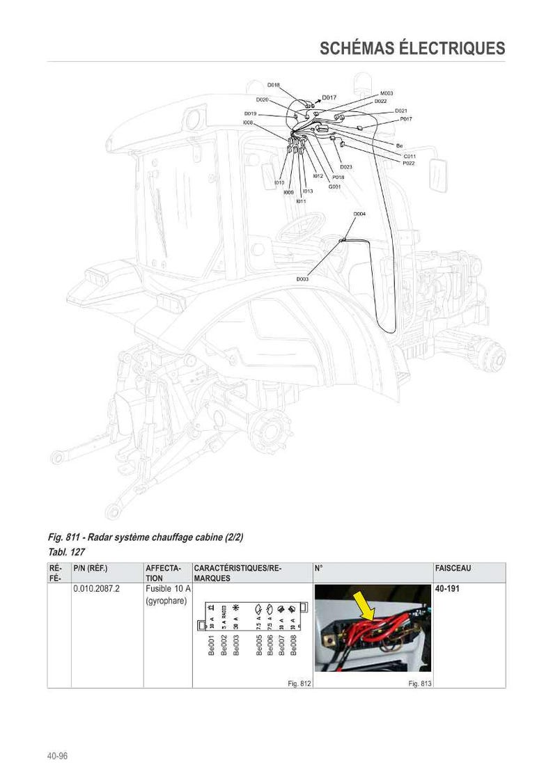 May include: Diagram of a tractor's electrical system, labeled with various components and wiring. The image includes text in French, with a focus on the radar system for cabin heating. A detailed illustration with arrows and component references.