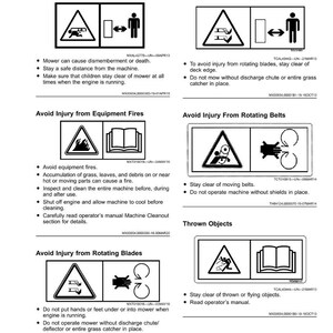 May include: A page of safety labels with black and white warning symbols and text. The labels warn against hazards like rotating blades, equipment fires, and thrown objects. Each label includes a symbol and safety instructions.