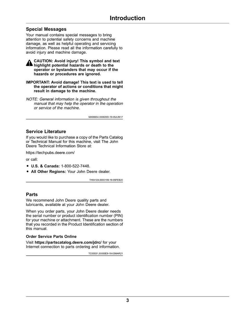 Puede incluir: Una p&aacute;gina blanca de un manual titulada "Introducci&oacute;n" con texto sobre mensajes de seguridad, documentaci&oacute;n de servicio y piezas. Incluye un s&iacute;mbolo de advertencia e informaci&oacute;n de contacto de John Deere.