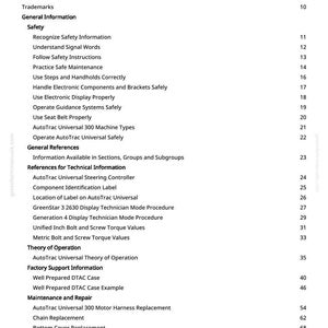 May include: A white page displaying a table of contents. The title reads "Table of Contents". Sections include Safety, General References, Theory of Operation, and Maintenance and Repair.
