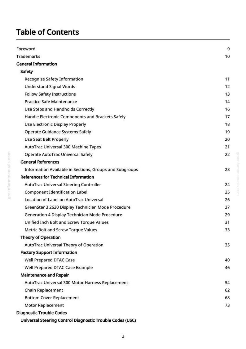 May include: A white page displaying a table of contents. The title reads "Table of Contents". Sections include Safety, General References, Theory of Operation, and Maintenance and Repair.