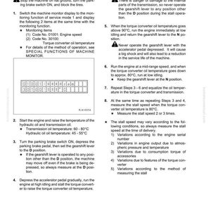 May include: A technical document detailing torque converter stall speed testing procedures. Includes instructions for engine operation, temperature monitoring, and gearshift lever positioning. Features diagrams and safety warnings.