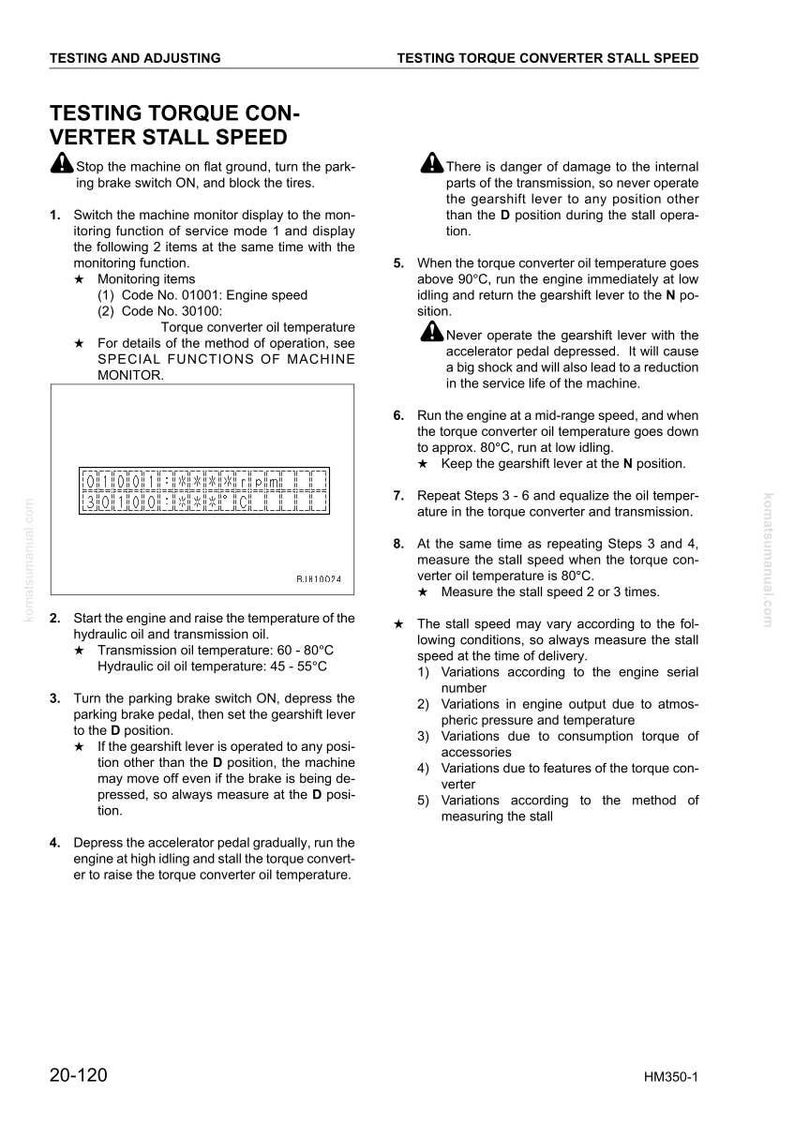 May include: A technical document detailing torque converter stall speed testing procedures. Includes instructions for engine operation, temperature monitoring, and gearshift lever positioning. Features diagrams and safety warnings.