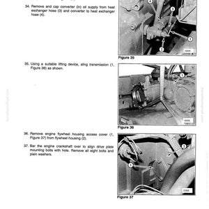 以下が含まれることがあります： 自動車修理の詳細な手順と図が記載されたショップマニュアルのページ。 ページには、エンジンコンポーネントのクローズアップビューと各パーツの番号付きラベルが付いた図35、36、37が含まれています。 テキストの説明が画像に付随しています。