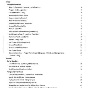 May include: A page from a manual titled "Table of Contents" with a list of safety and general topics. The topics include safety information, machine service, and lubrication. The page has a white background with black text.