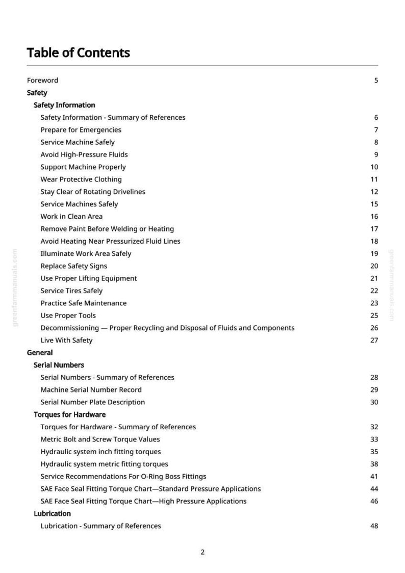 May include: A page from a manual titled "Table of Contents" with a list of safety and general topics. The topics include safety information, machine service, and lubrication. The page has a white background with black text.