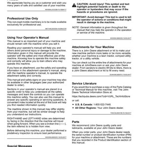 May include: A page from a John Deere operator's manual, featuring the "Introduction" section. The text includes safety warnings, information on attachments, and service literature. The manual is for professional use and provides instructions for machine operation.