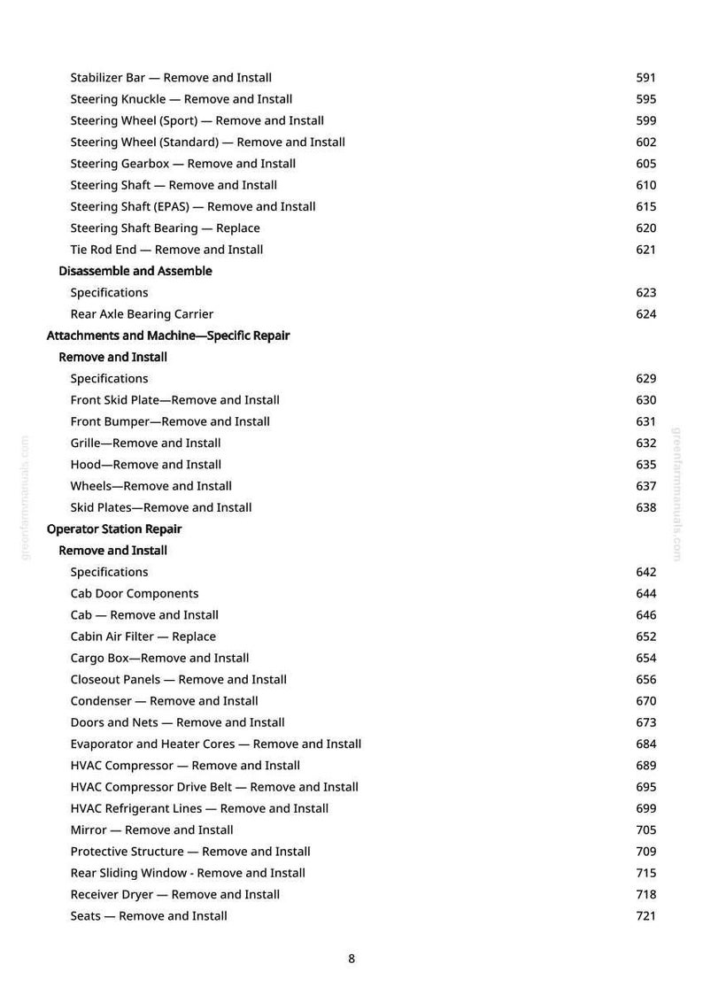 K&ouml;nnte beinhalten: Eine detaillierte Liste von Kfz-Reparaturverfahren, einschlie&szlig;lich "Stabilisatorstange - Aus- und Einbau" und "Lenkungsnabe - Aus- und Einbau". Das Dokument ist mit nummerierten Abschnitten und Unter&uuml;berschriften strukturiert.