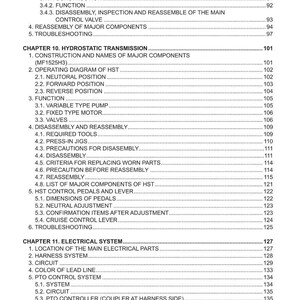 May include: A page from a tractor service manual, featuring a table of contents with numbered sections and sub-sections. The manual's title is "MF1520F3, 1525H3 TRACTOR SERVICE MANUAL". The text is black on a white background.