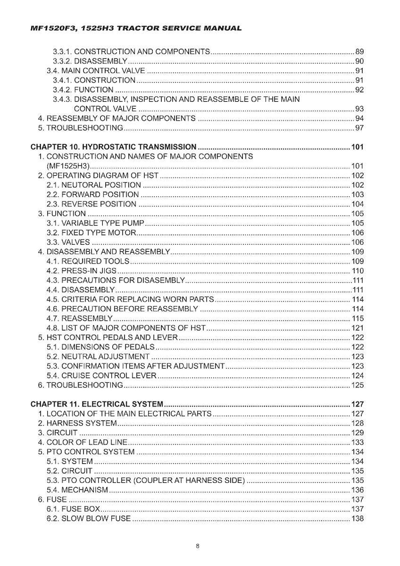 May include: A page from a tractor service manual, featuring a table of contents with numbered sections and sub-sections. The manual's title is "MF1520F3, 1525H3 TRACTOR SERVICE MANUAL". The text is black on a white background.