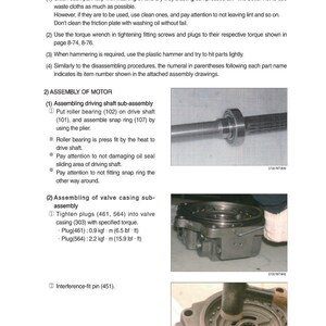May include: Technical manual page with assembly instructions. Includes images of mechanical components, such as a driving shaft, valve casing, and roller bearing. Text details general cautions and assembly steps for motor components.