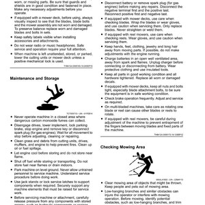 May include: A safety guide with maintenance advice for machinery, featuring warnings about blade checks, fuel storage, and mowing area safety. Includes illustrations of safety procedures and potential hazards.