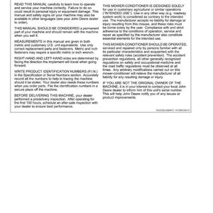 Puede incluir: Una p&aacute;gina del manual de la acondicionadora de heno John Deere titulada "Introducci&oacute;n". El manual proporciona informaci&oacute;n de seguridad, instrucciones de funcionamiento y pautas de mantenimiento. El texto incluye advertencias sobre posibles lesiones y el uso adecuado de la m&aacute;quina.