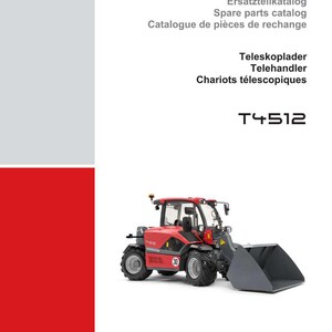 K&ouml;nnte beinhalten: Ein roter Weidemann T4512 Teleskoplader, eine Art Baumaschine, wird auf wei&szlig;em Hintergrund gezeigt. Das Bild enth&auml;lt das Weidemann-Logo und Text in mehreren Sprachen, darunter "Ersatzteilkatalog".