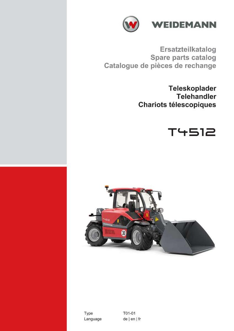 K&ouml;nnte beinhalten: Ein roter Weidemann T4512 Teleskoplader, eine Art Baumaschine, wird auf wei&szlig;em Hintergrund gezeigt. Das Bild enth&auml;lt das Weidemann-Logo und Text in mehreren Sprachen, darunter "Ersatzteilkatalog".