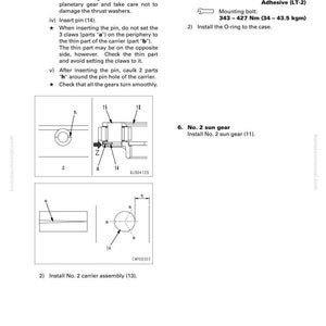 May include: Diagram of swing motor assembly with numbered parts and instructions. Includes bolt tightening specifications in Newton meters and kilogram-meters. Text includes "DISASSEMBLY AND ASSEMBLY" and "SWING MOTOR, SWING MACHINERY ASSEMBLY".